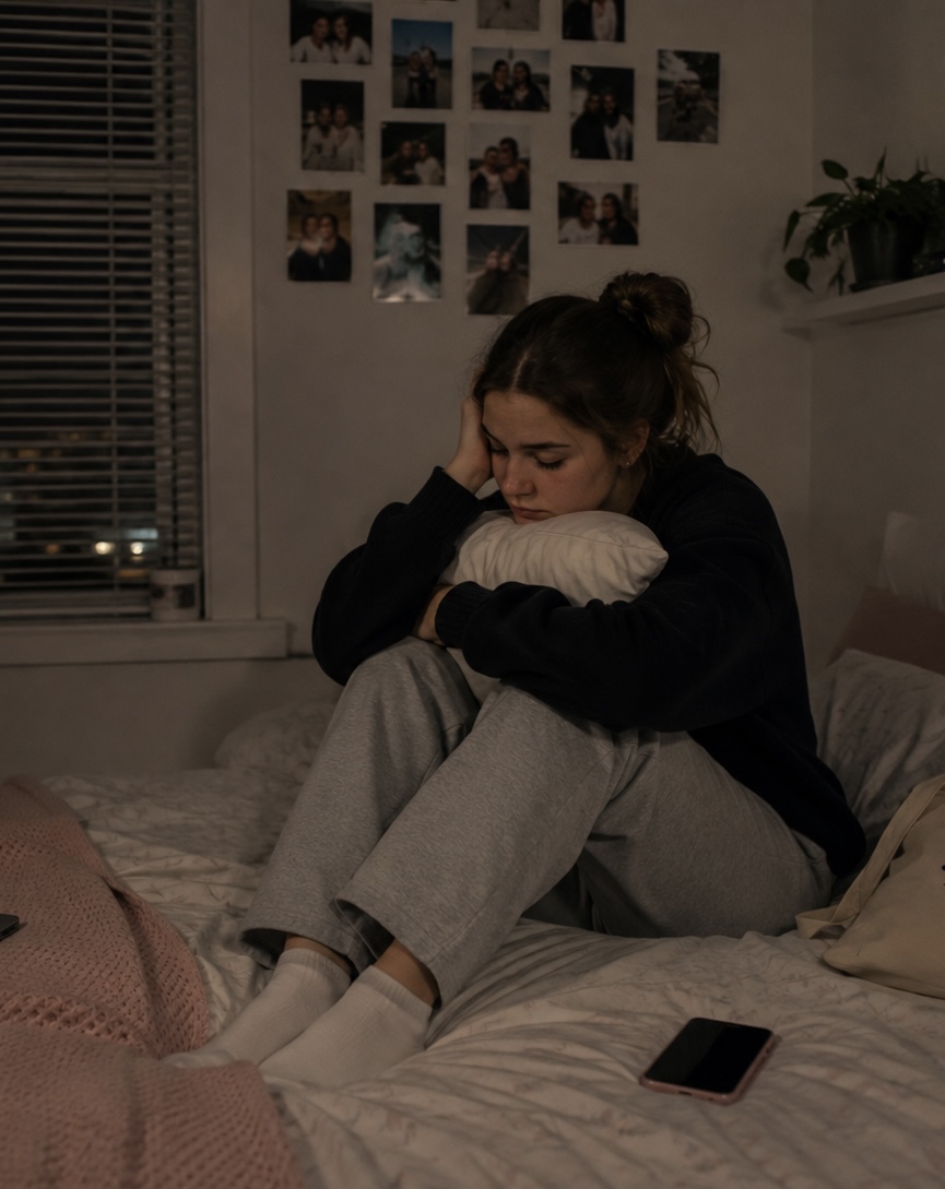An au pair sitting alone in her room at night