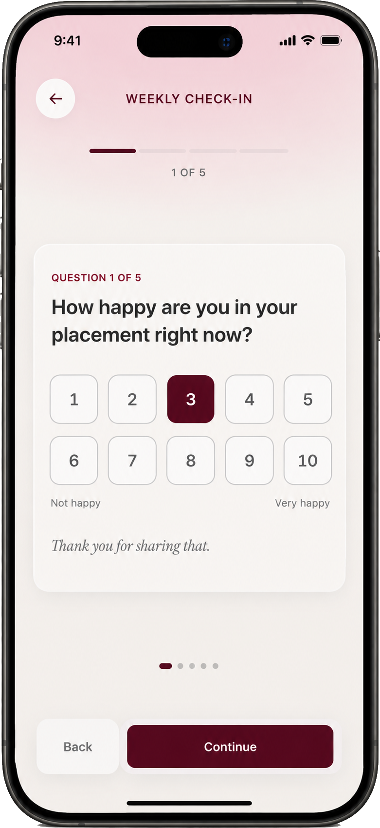 The Culvay weekly check-in on a phone, rating happiness in the placement